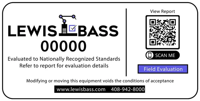 Lewis Bass 現場評估（Field Evaluation）合規標籤樣式，含 QR code 查驗報告連結