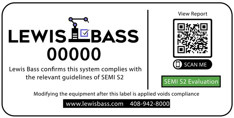 Lewis Bass SEMI S2 Evaluation 合規標籤樣式，確認設備符合 SEMI S2 指南